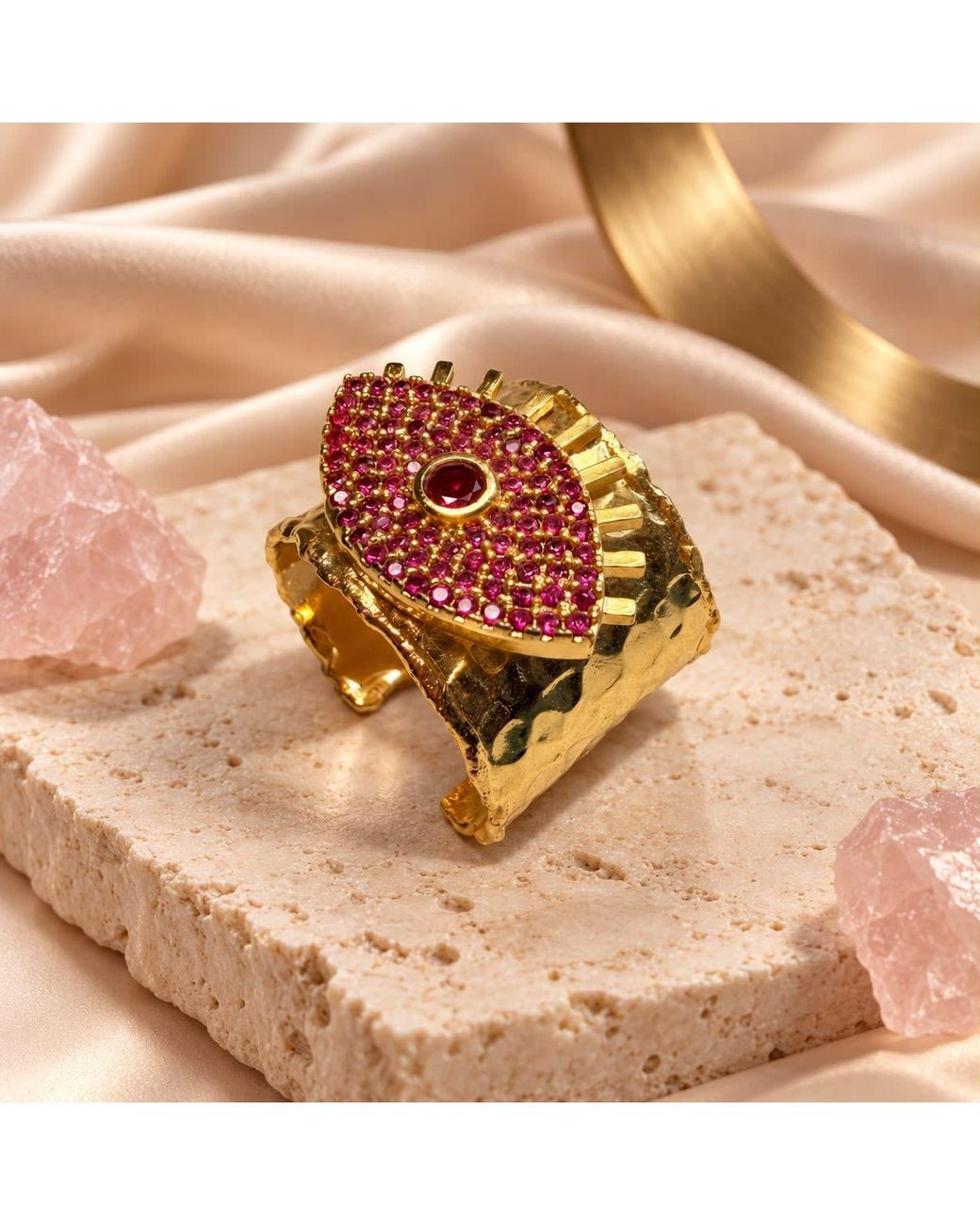 By Ozge Pink Mystic Love Zircon Evil Eye-Plated Adjustable Chunky Ring