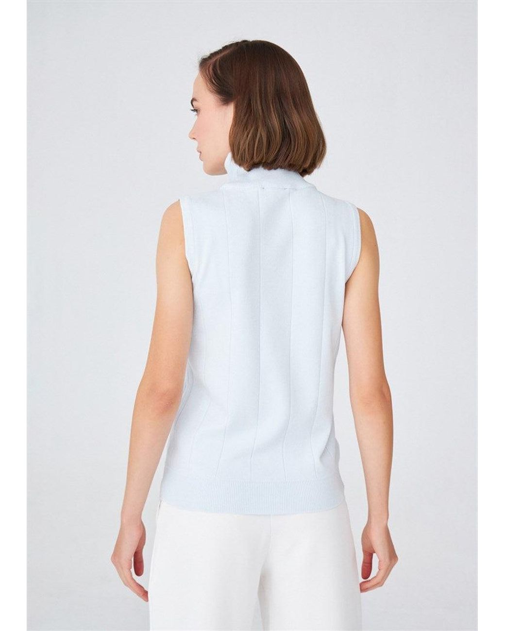 Peraluna Blue Slim Fit Sleeveless Turtle-Neck Blouse