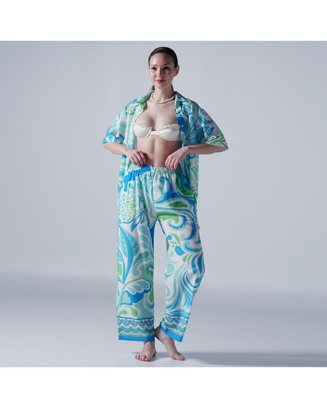 LOVEIST STORE Blue Venice Abstract Print Wide Leg Trousers