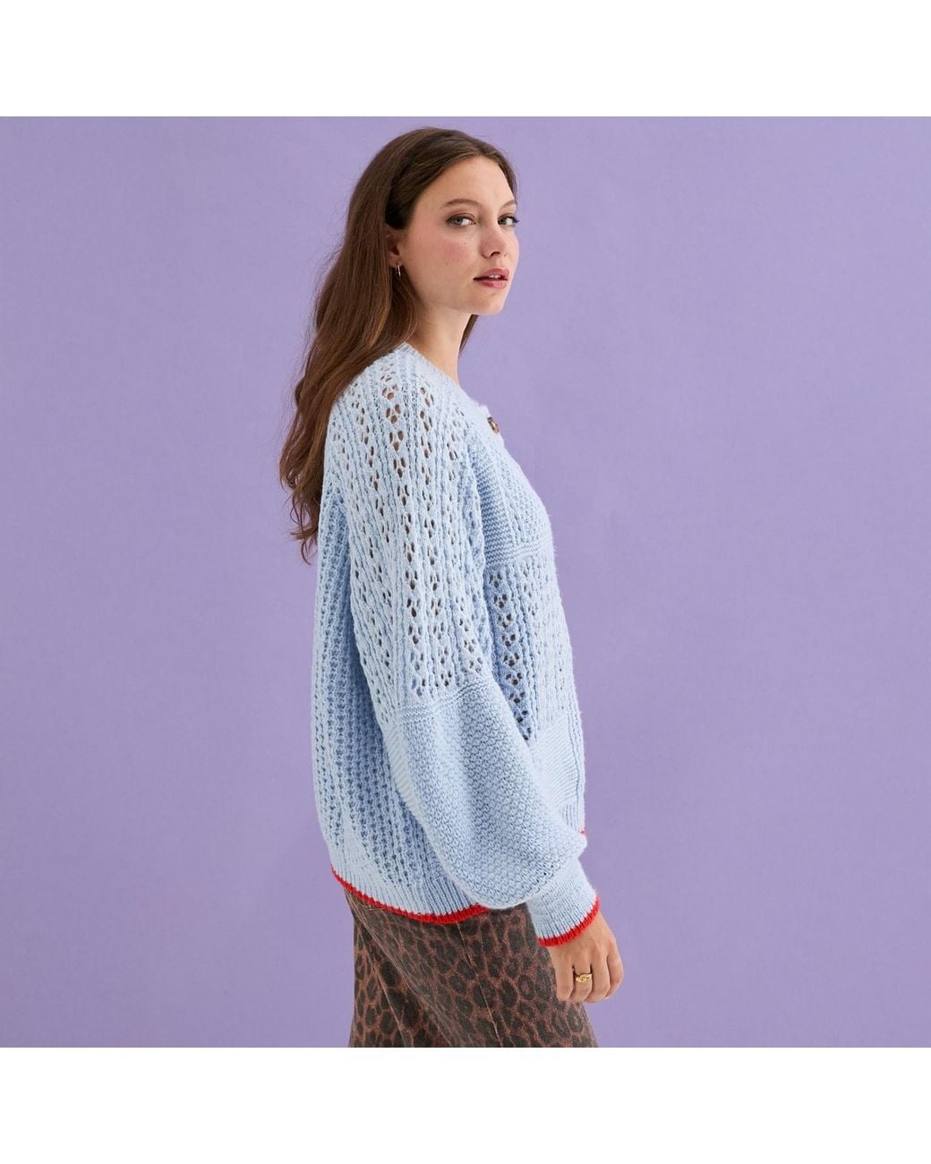 Cara & The Sky Blue Brigit Pointelle Stitch Balloon Sleeve Cardigan