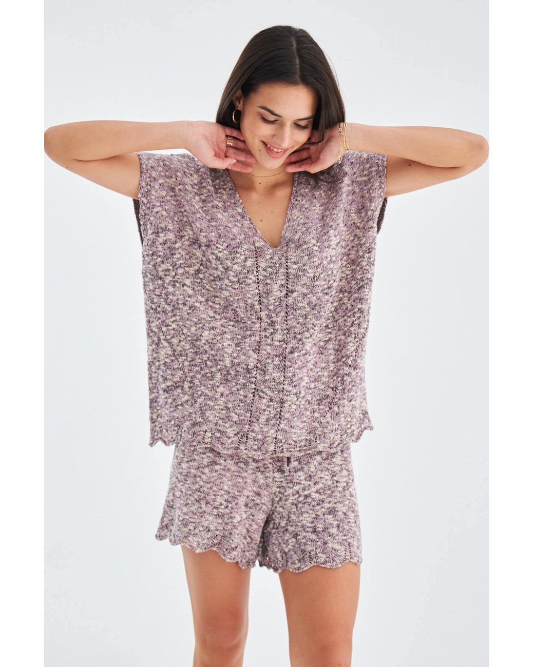 Peraluna Purple Renge Knitted Blouse & Shorts Matching Set