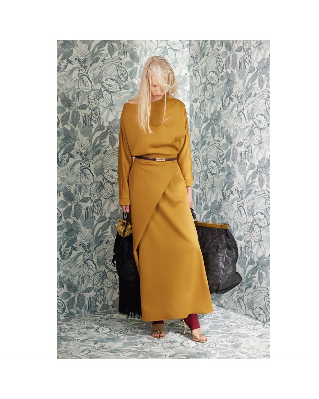 Julia Allert Brown Draped Boat-Neck Blouse & Wrap Midi Skirt Set – Mustard