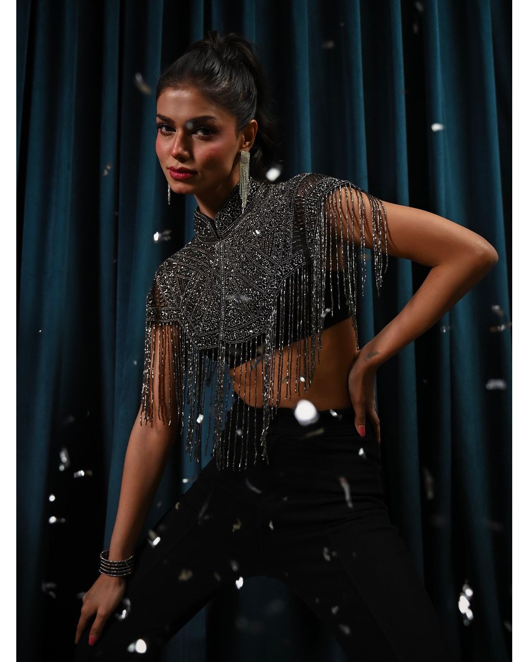 Rose & Nancy Black Bonnie Hand Embellished Fringe Cape Top