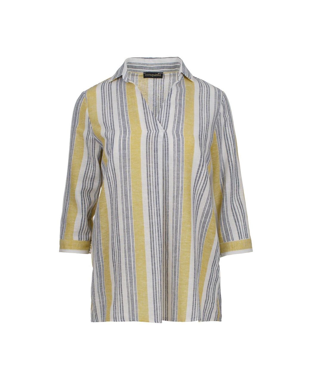 Conquista Blue Striped Linen Style Top With Pockets