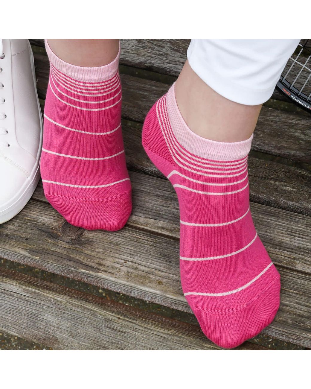 Peper Harow - Made in England Pink Retro Stripe Luxury Crew & Trainer Socks Bundle