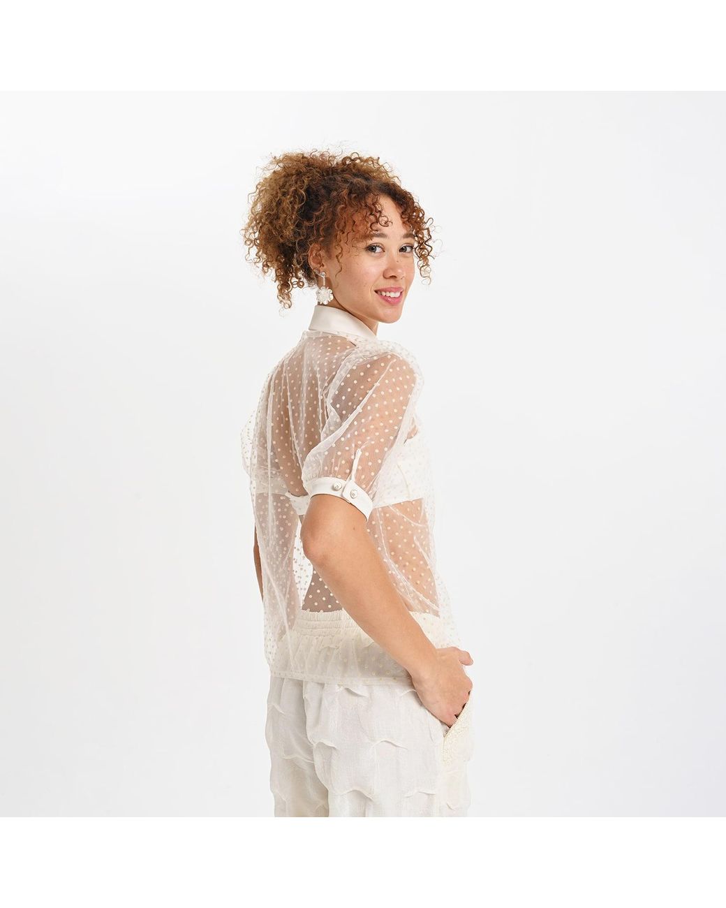 Lalipop Design Pink Neutrals Sheer Polka Dot Shirt With Floral Appliqué