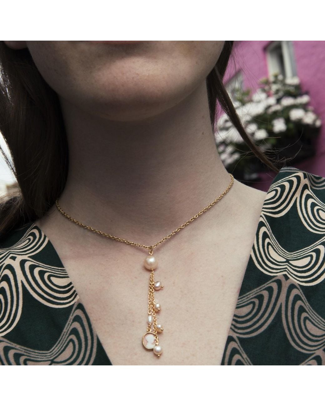 Vintouch Italy Metallic Plated Mini Cameo & Pearl Necklace