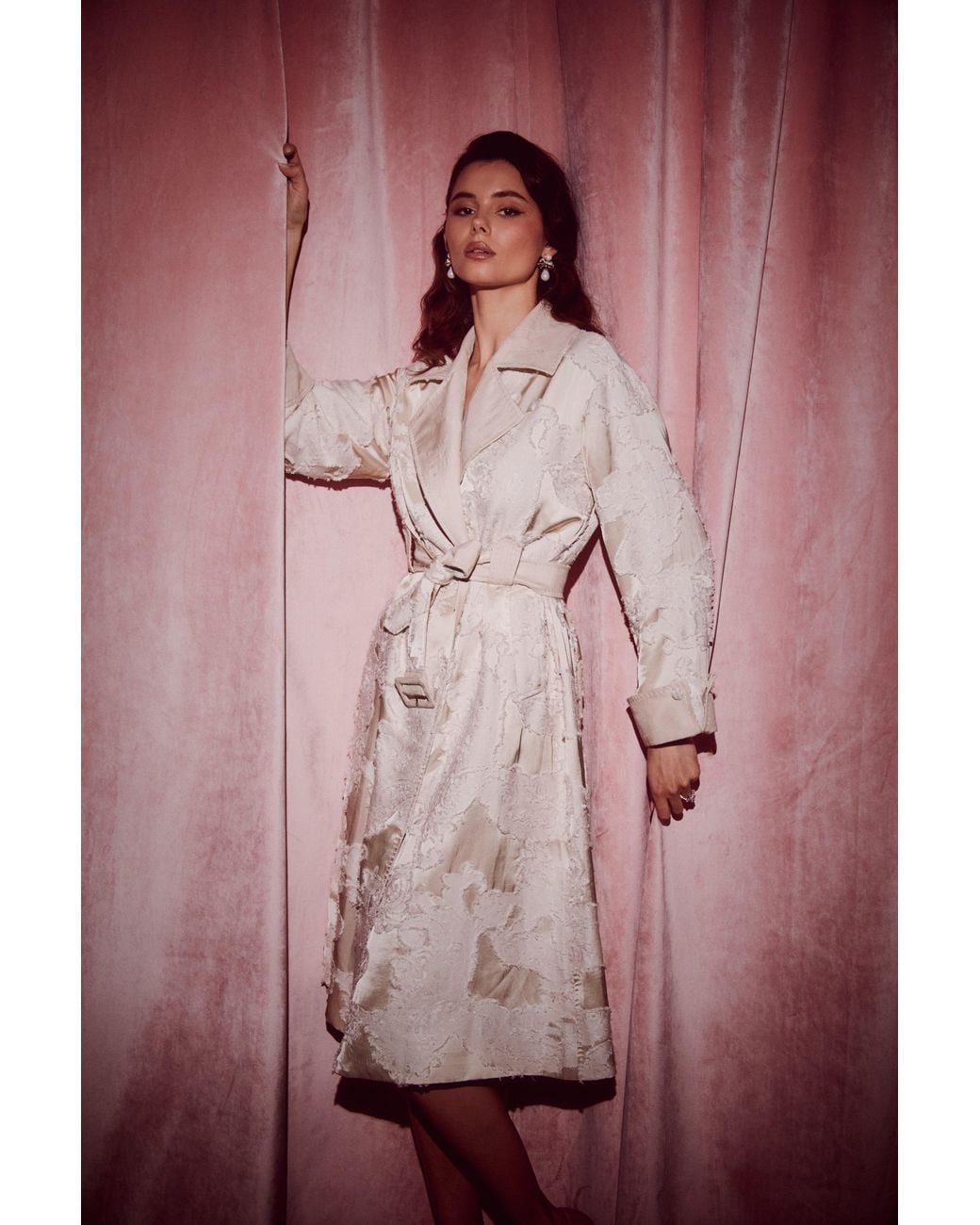 Santinni Natural Neutrals Charmed Satin Jacquard Trench Coat