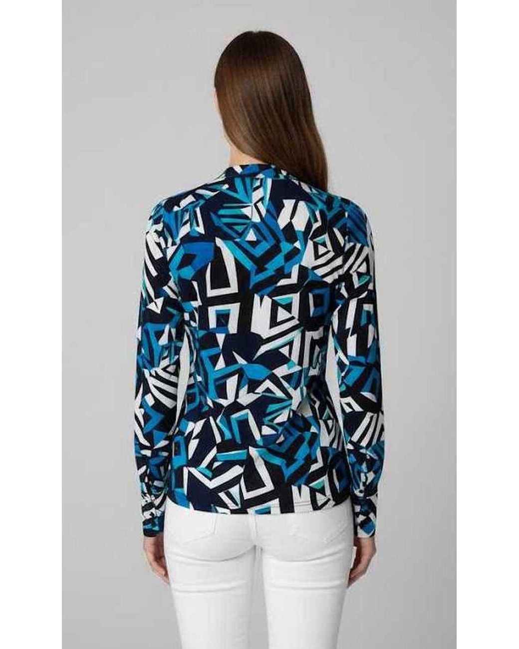 Conquista Blue Geometric Print V-Neck Long-Sleeve Top