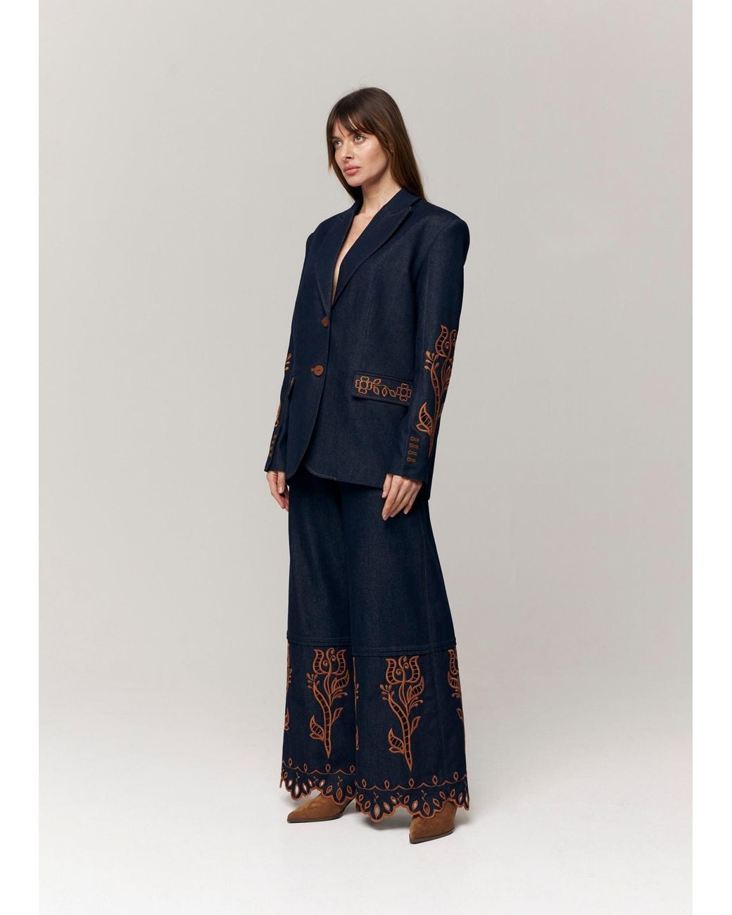 Annabo Blue Velvet Rose Embroidered Denim Wide-Leg Pants