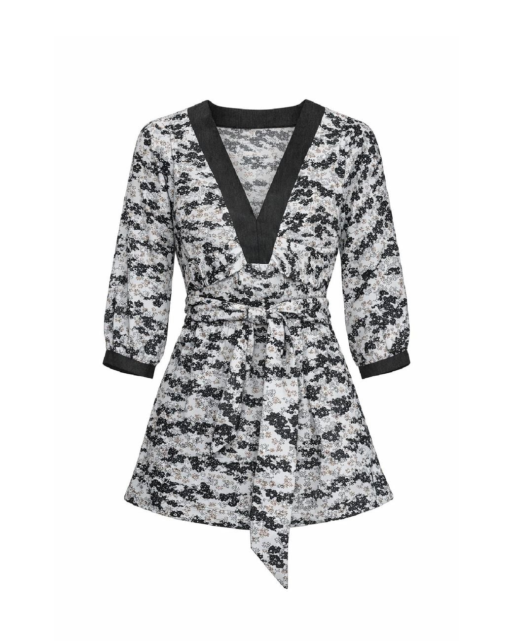 Conquista White Printed V-Neck Top With Contrast Trim & 3/4 Sleeves