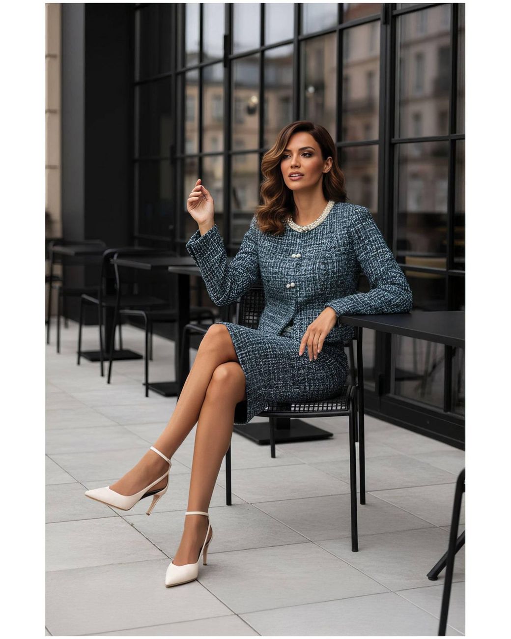 Luna Fashion House Blue Tweed Blazer With Pearl Trim, Rhea