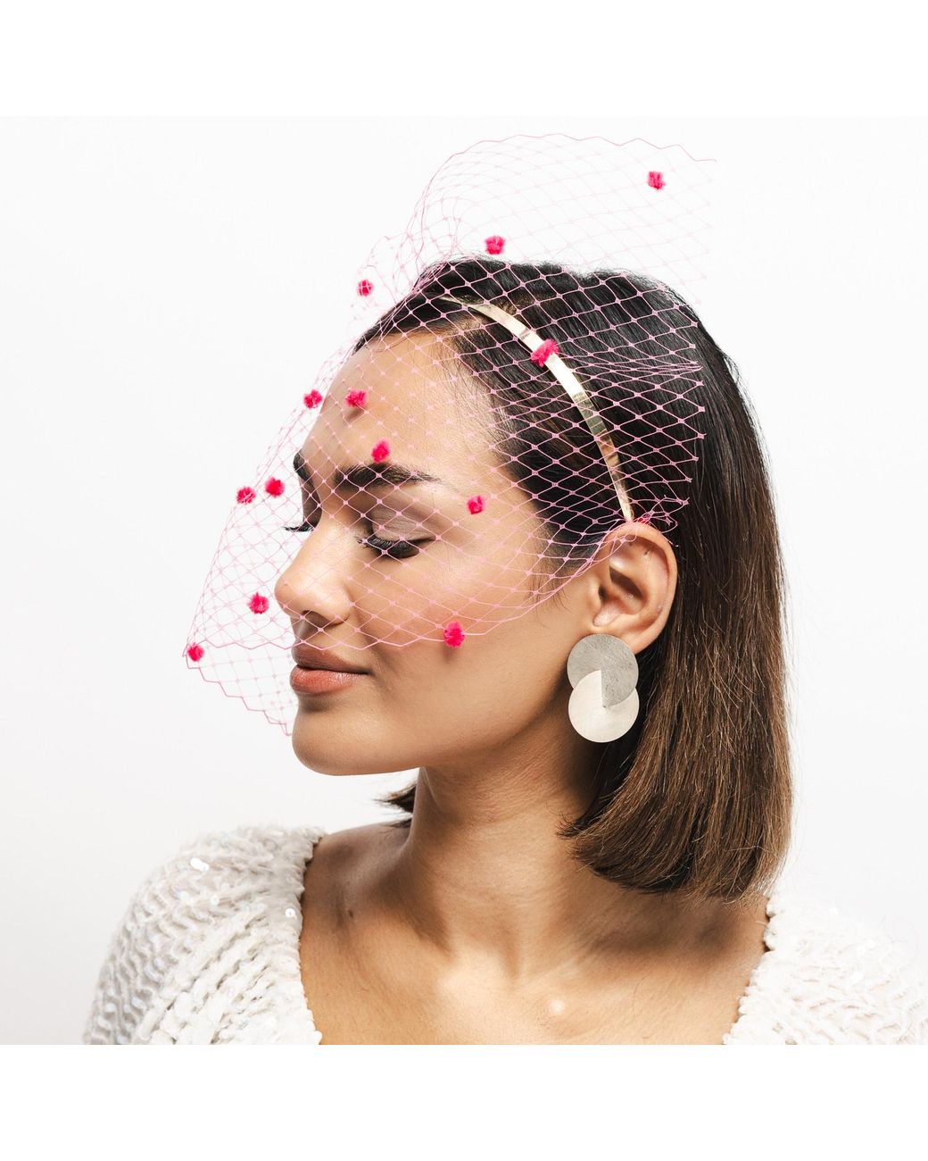 Victoria Charles Headpieces Pink Bubblegum Spot Veiling Headpiece On Metal Headband