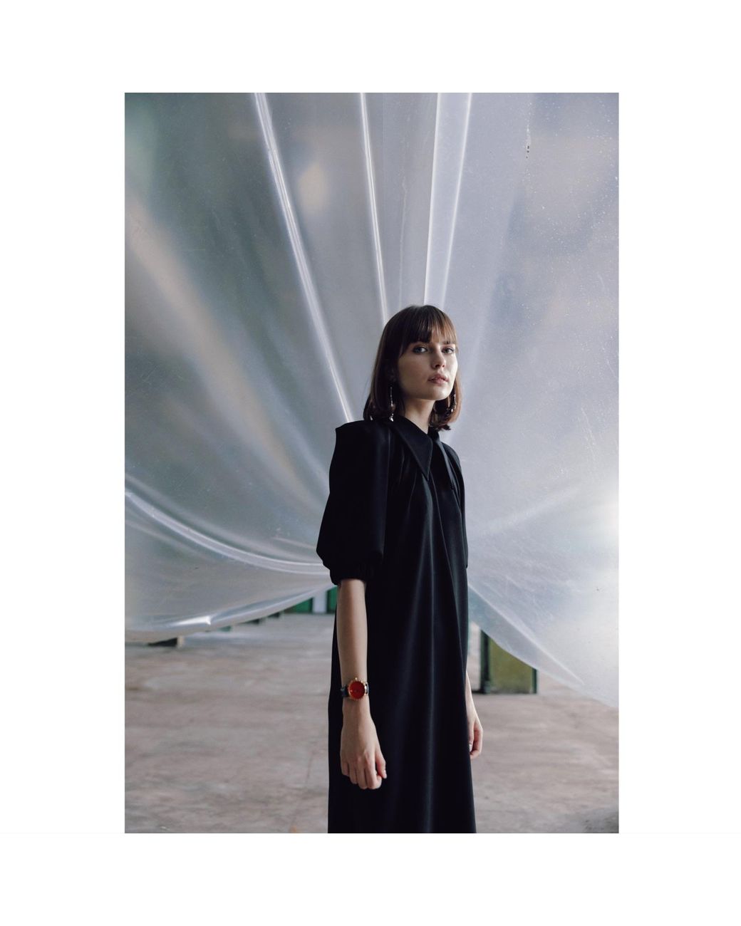 Julia Allert Black Collared Puff Sleeve Midi Dress