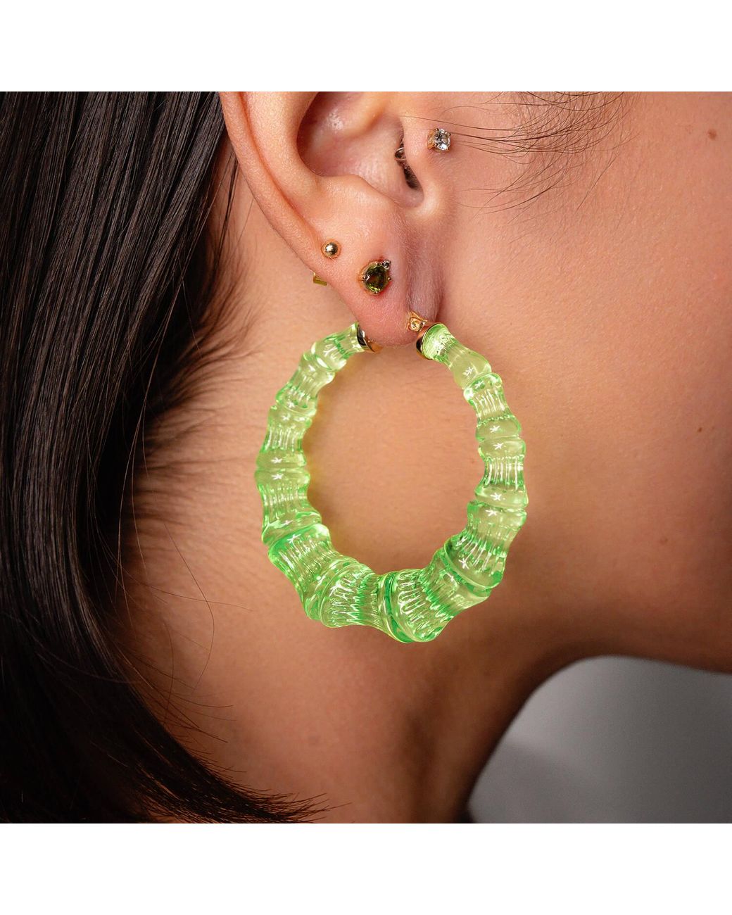 Gold & Honey Green Bamboo Hoop Earrings