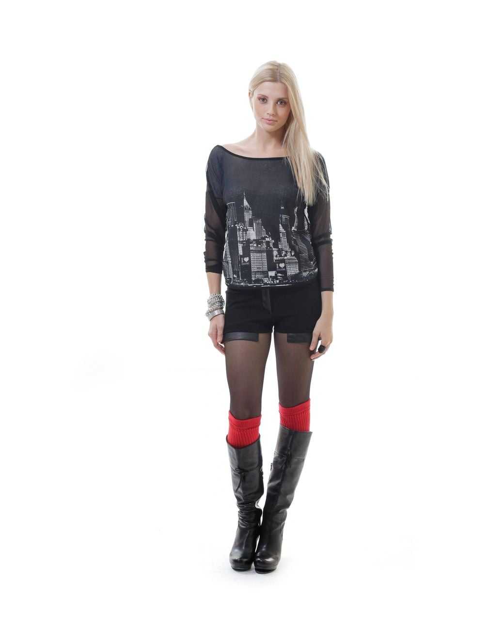 Conquista Black Low Back Sheer Print Top