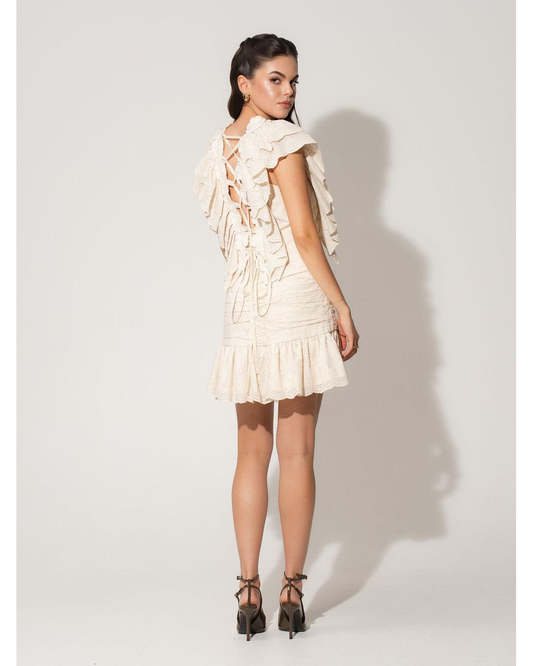 Tia Dorraine Natural Neutrals Ruffled Open Back Top & Ruched Mini Skirt Set