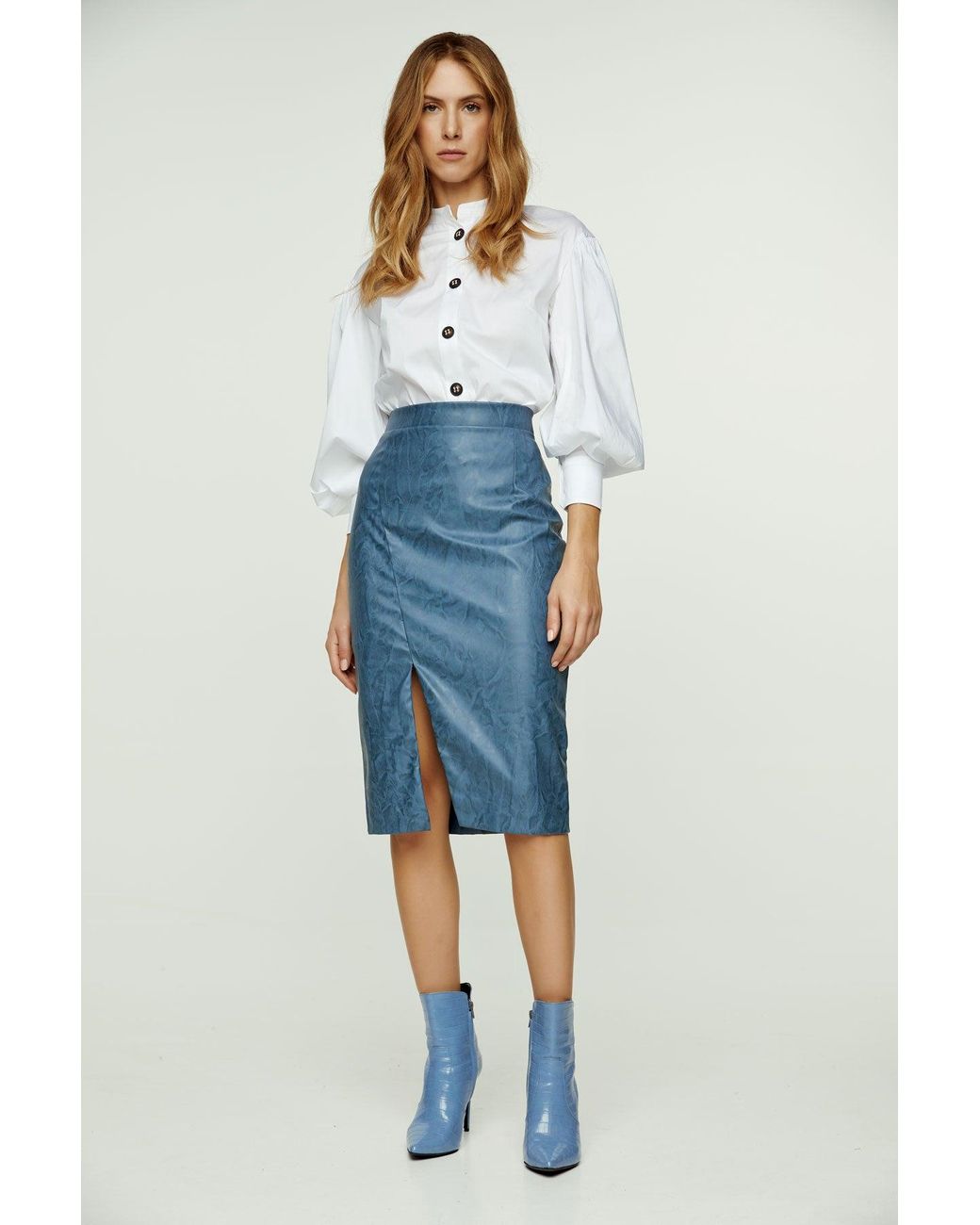 Conquista Blue Faux Leather Pencil Skirt