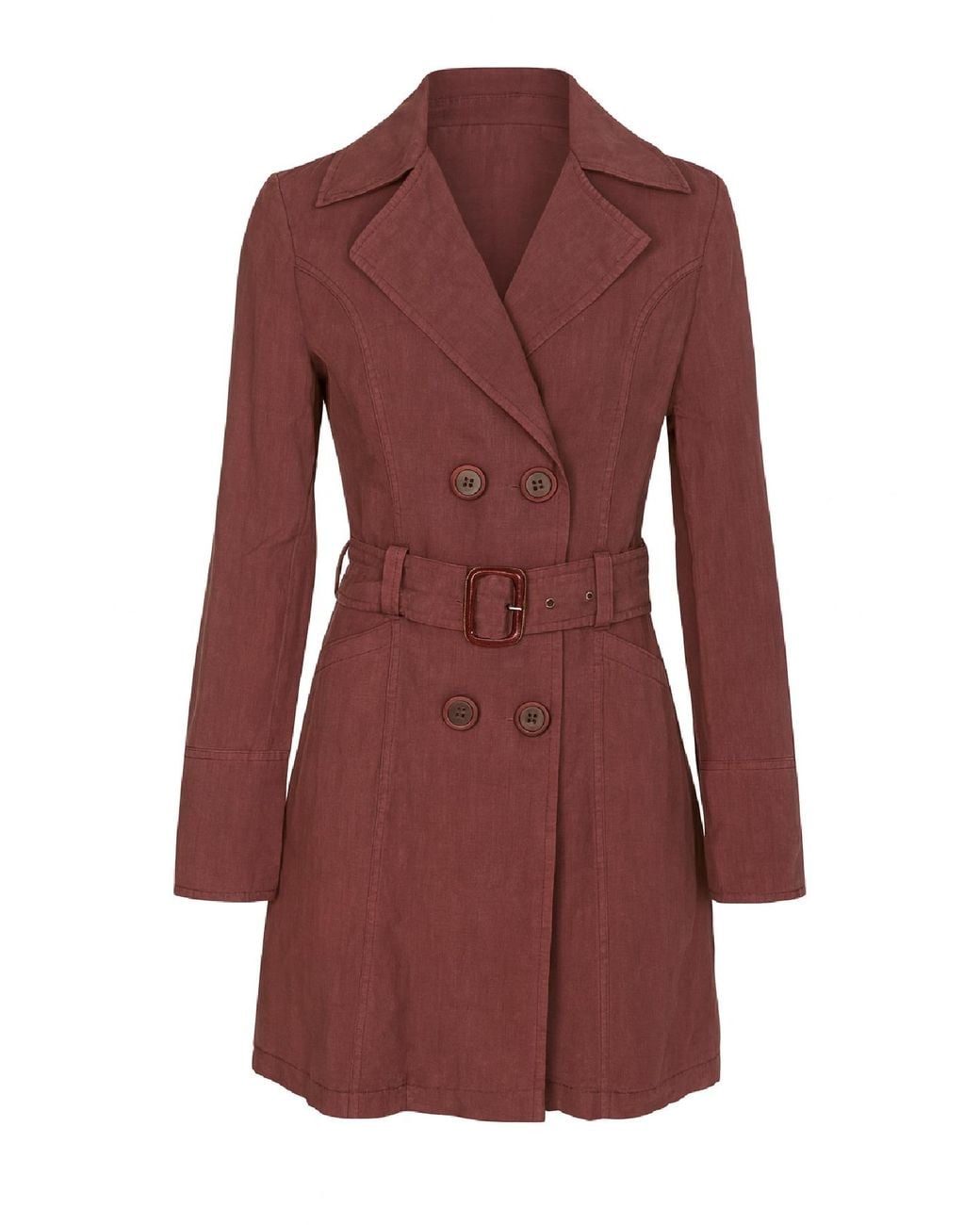 Conquista Red Double-Breasted Belted Trench Jacket