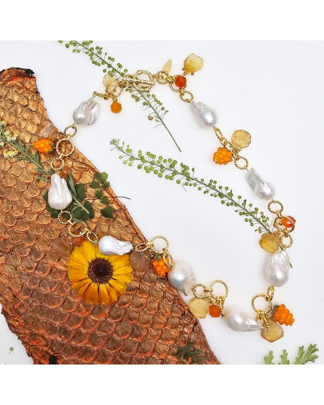 Farra Metallic Garden Floral Baroque Pearl Necklace With Raspberry & Citrine