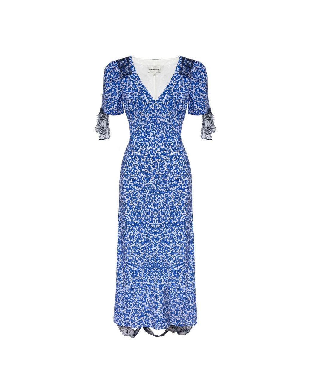 POST MERIDIEM Blue Fitted Lace Midi Dress With Short Sleeves
