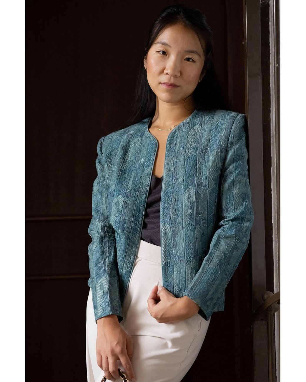 Stovaria Blue Layered & Embroidered Pure Silk Statement Jacket