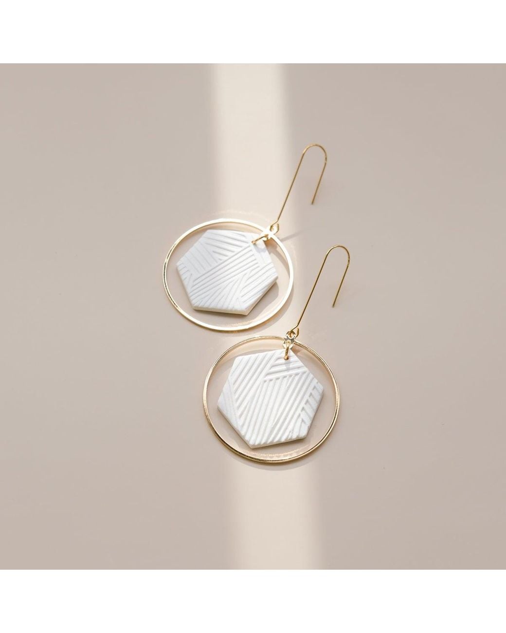 By Chavelli White Hexagon Halo Dangly Earrings