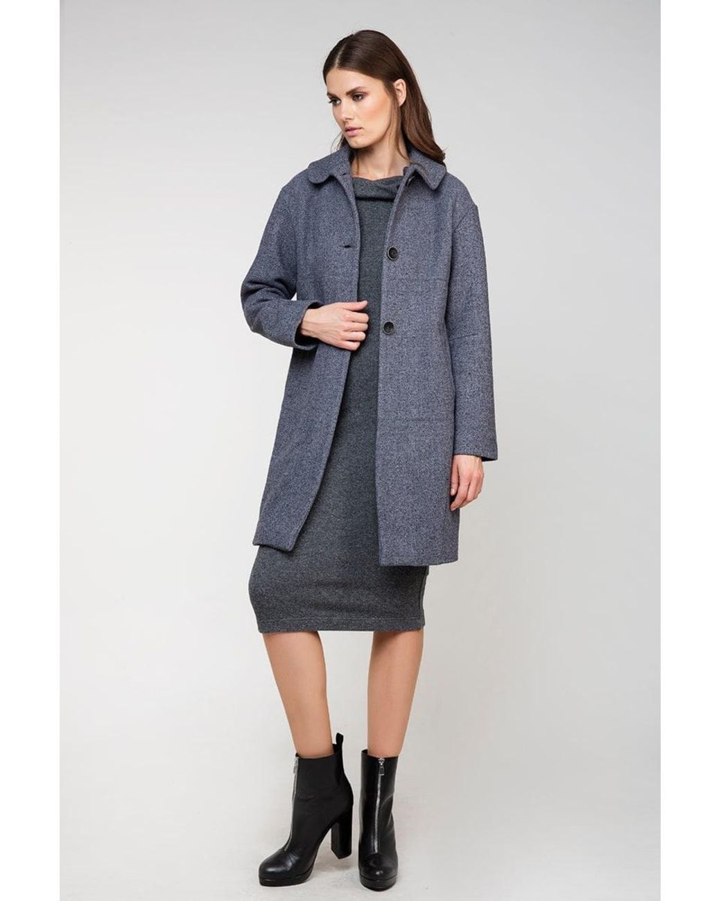 Conquista Blue Wool Straight Coat