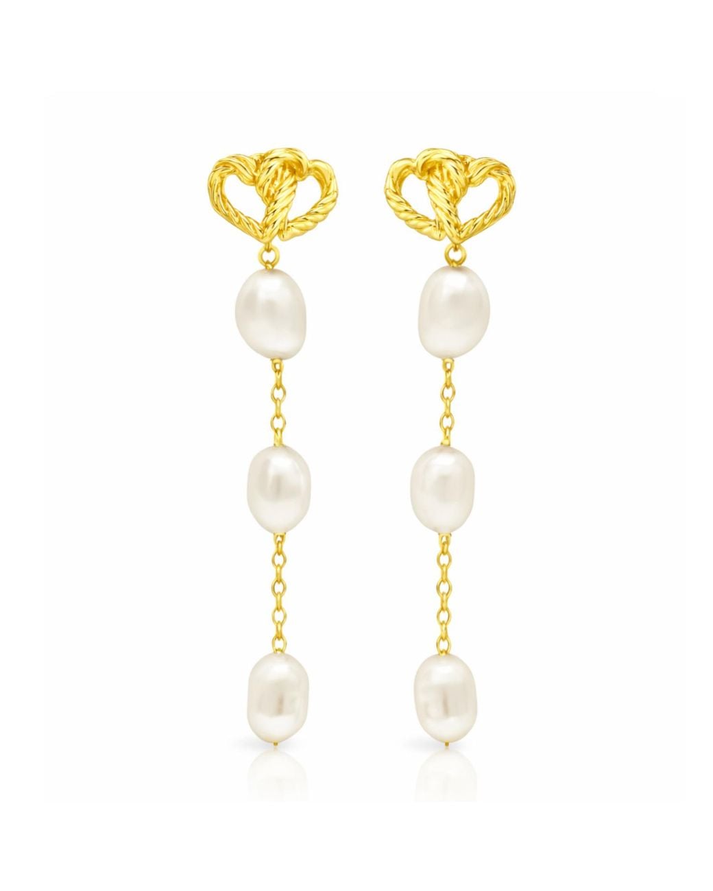 Unaloe Metallic Vermeil Intertwined Heart Baroque Pearl Drop Earrings – Luxury Contemporary Designer Statement Jewelry