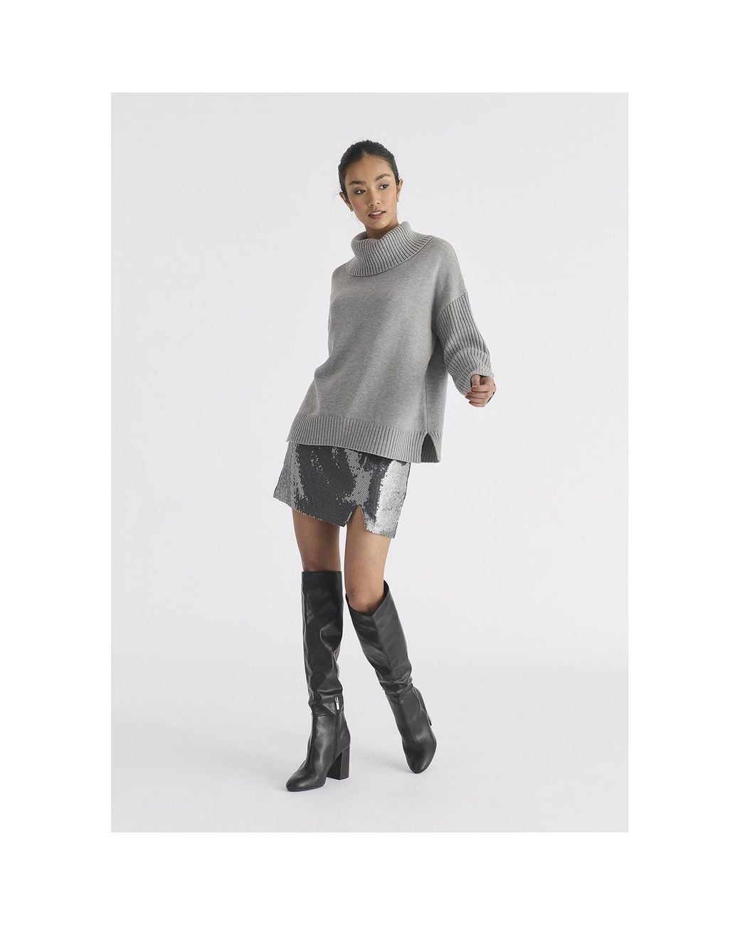Paisie Gray Polo Neck Jumper With Ribbed Details