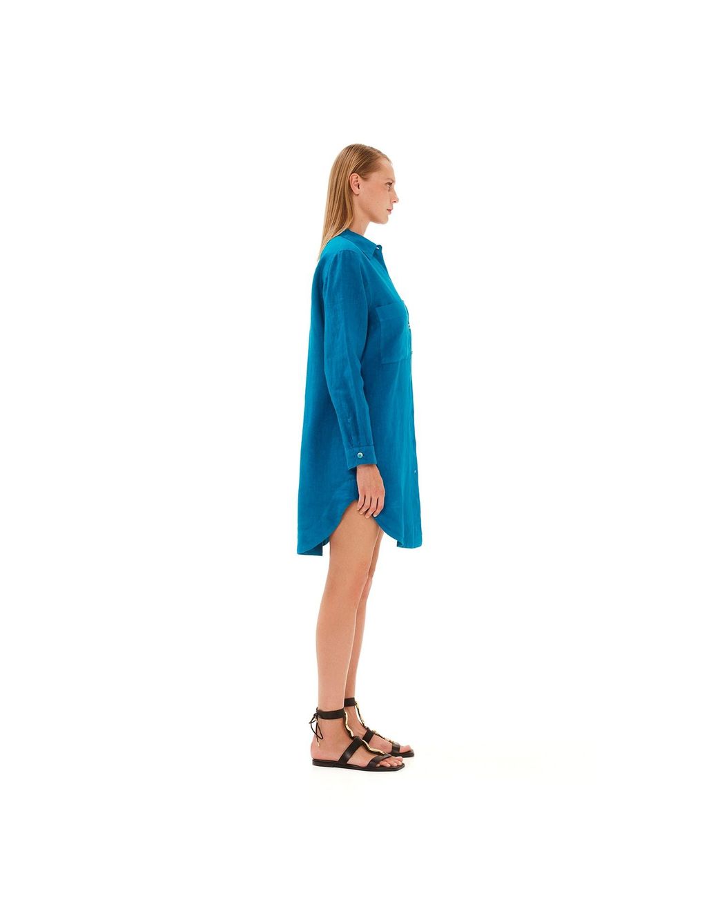 Haris Cotton Gray Long Sleeved Oversized Linen Shirt Dress
