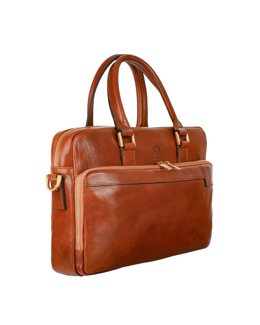 Time Resistance Brown Cognac Leather Briefcase Laptop Bag for men