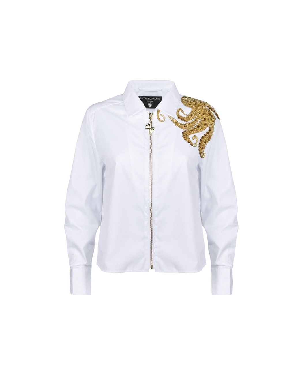 House of Laines London White Laines Couture Zip Shirt With Shoulder Octopus Embellishment