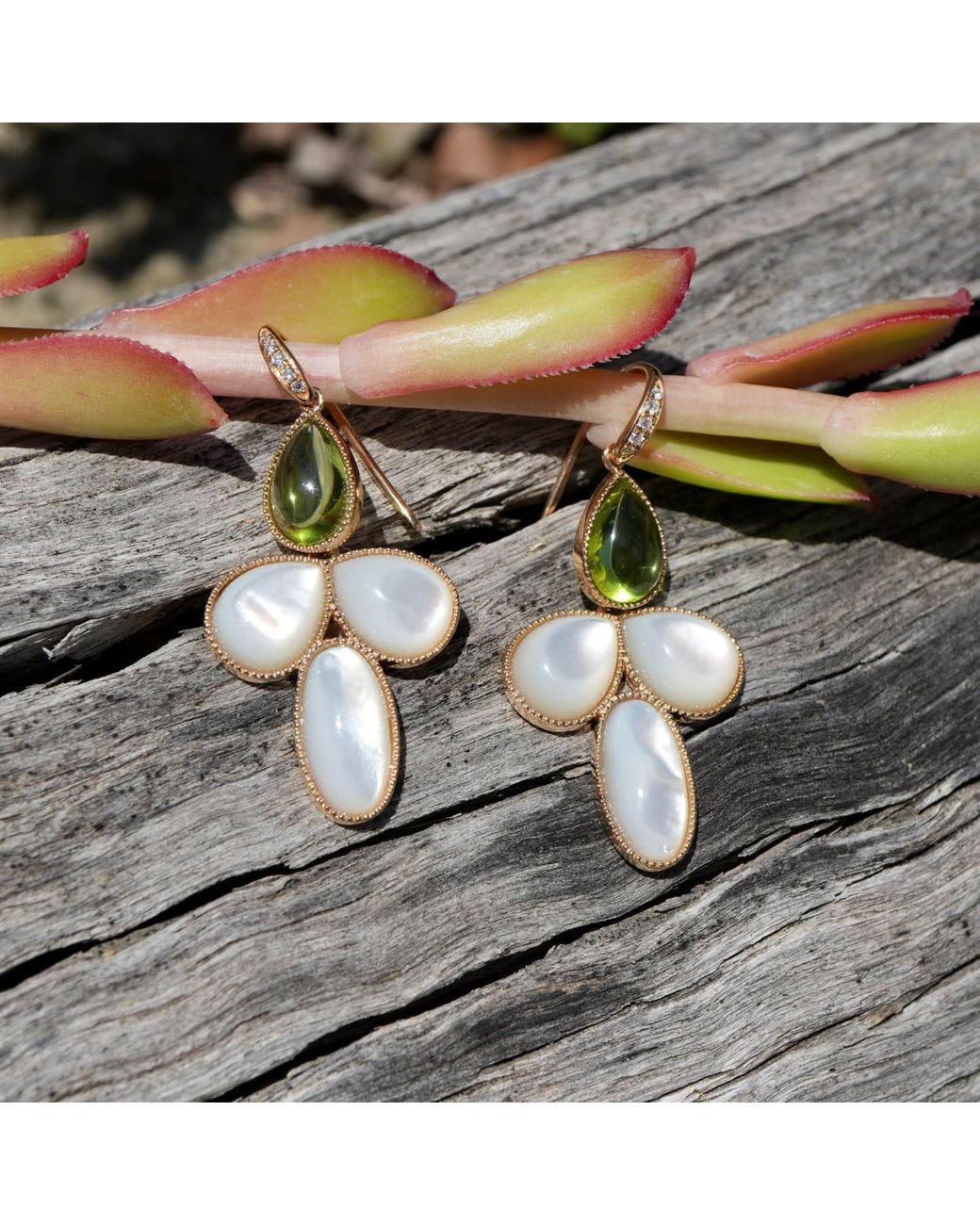 Kai Fine Jewelry Blue Solid Natural Peridot & Mother Of Pearl Diamond Snowdrop Flower Convertible Drop Earrings