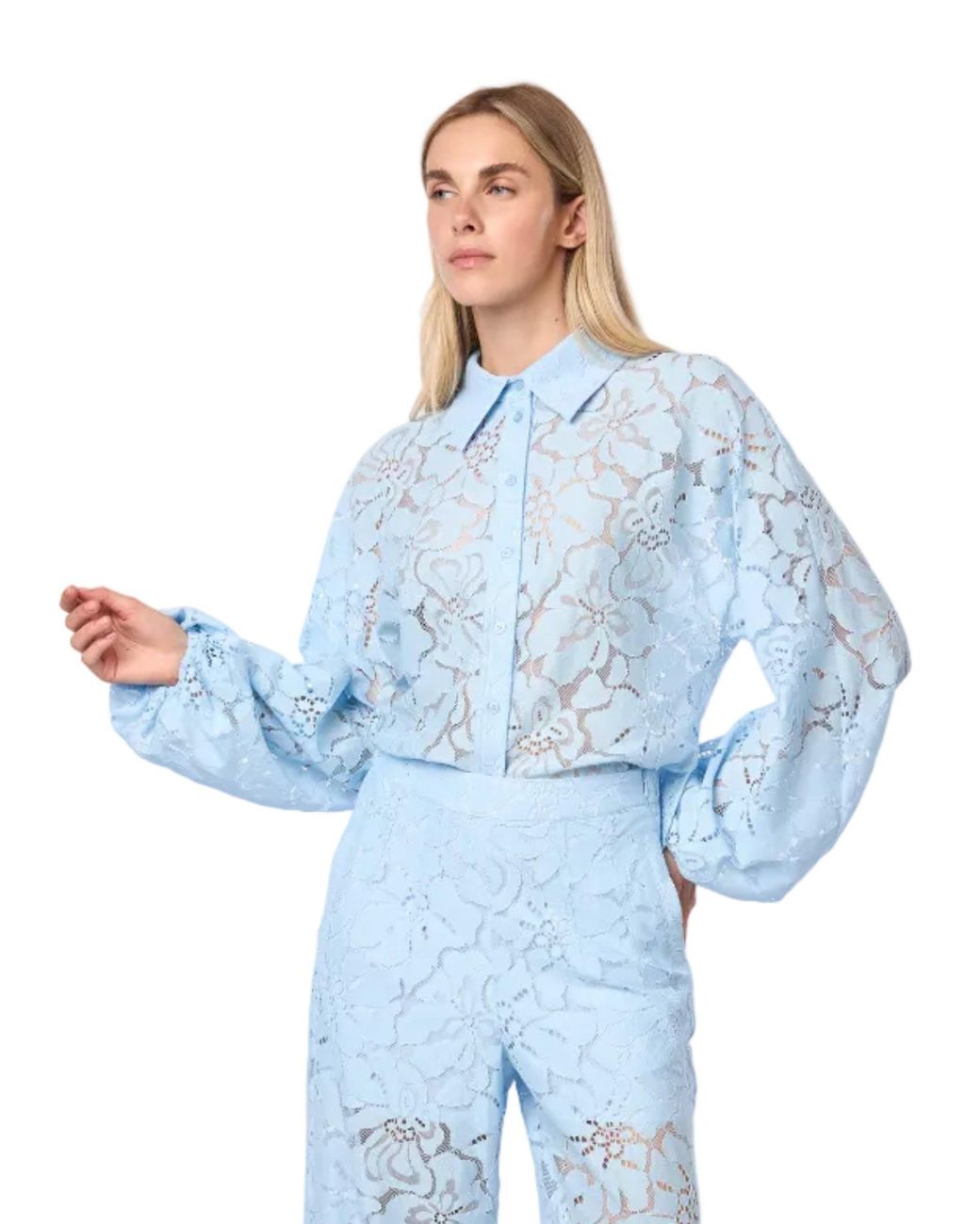 Carloslines Blue Oversized Balloon Sleeve Button Down Lace Shirt W/ Shirttail