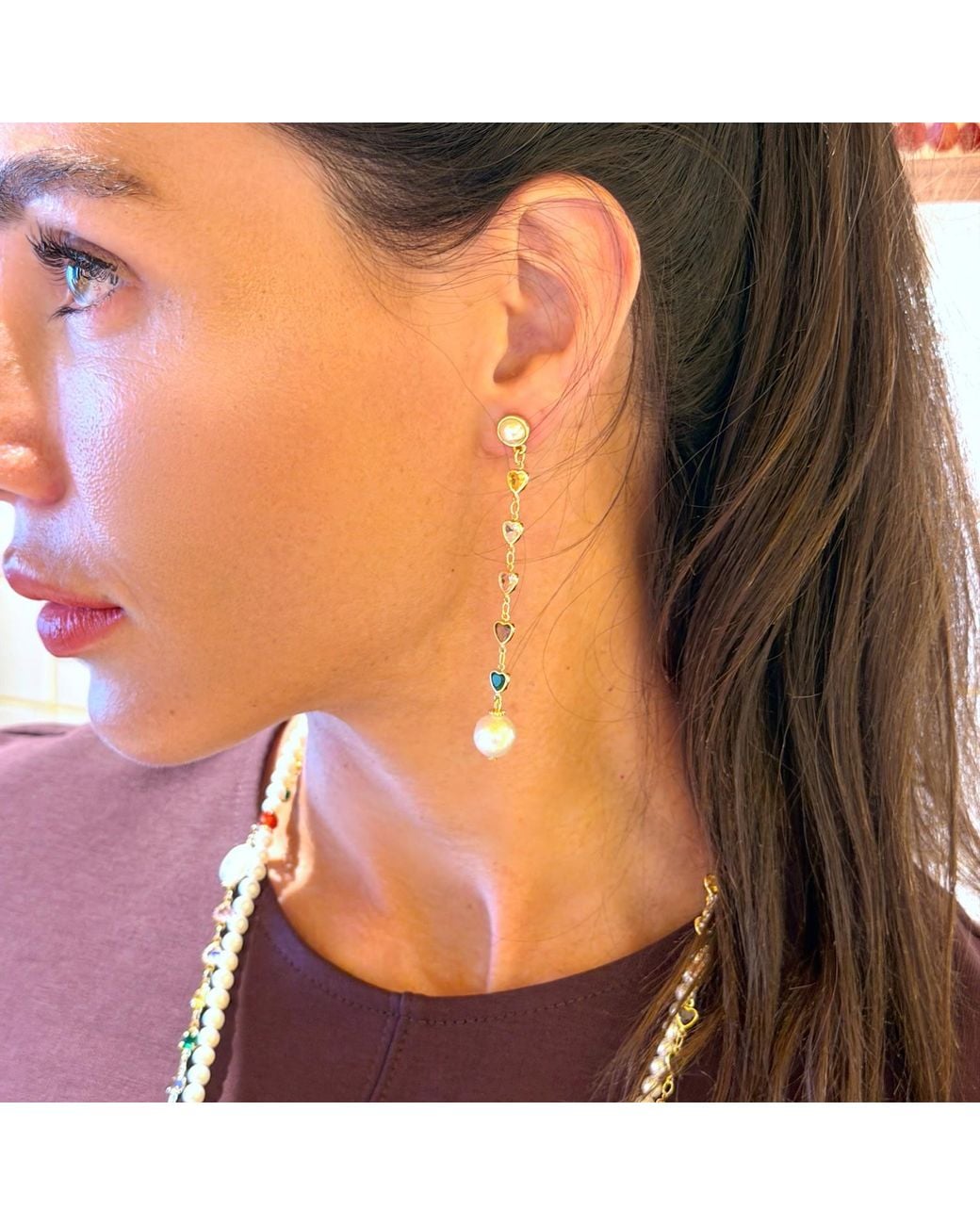 Farra Metallic Colorful Heart Zircon With Freshwater Pearl Drops Stud Earrings
