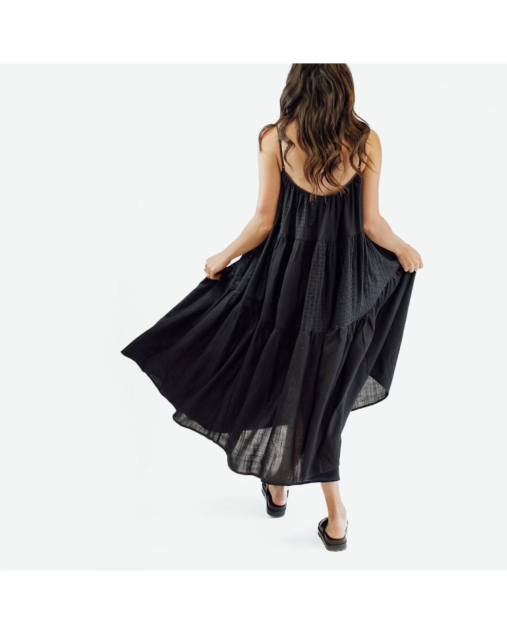 Zenzee Black Cotton Linen Tiered Patchwork Slip Dress