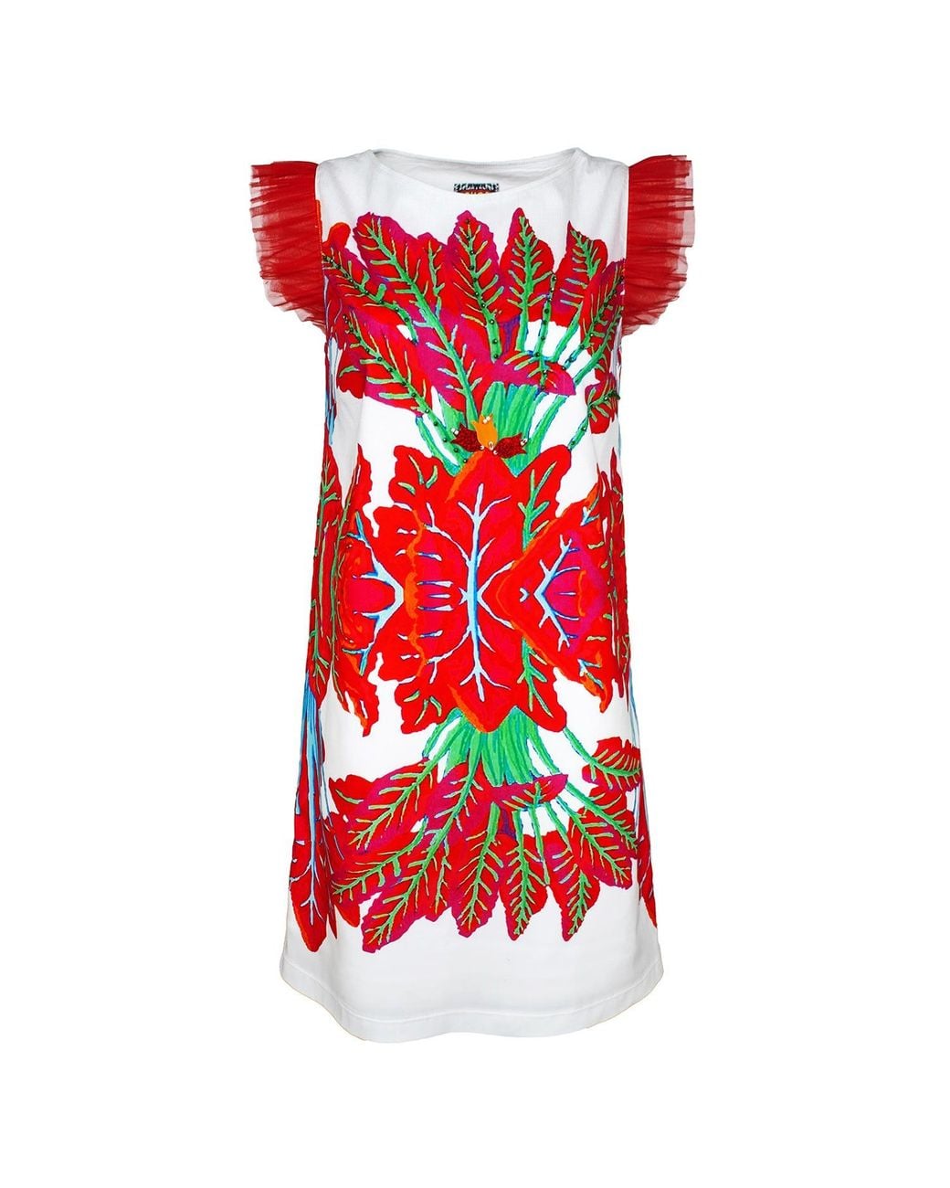 Lalipop Design Mini Dress With Red Leaves Print
