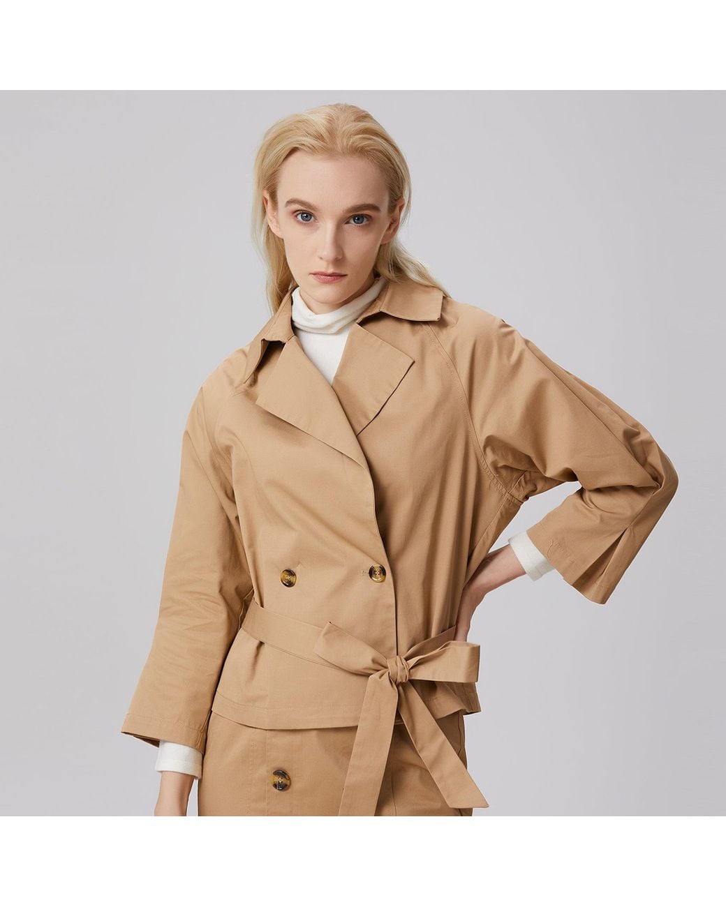 Smart and Joy Natural Double-Breasted Cotton Trench Jacket