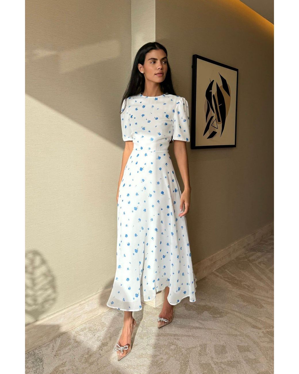 POST MERIDIEM White Printed Short Sleeve Floral Midi Dress