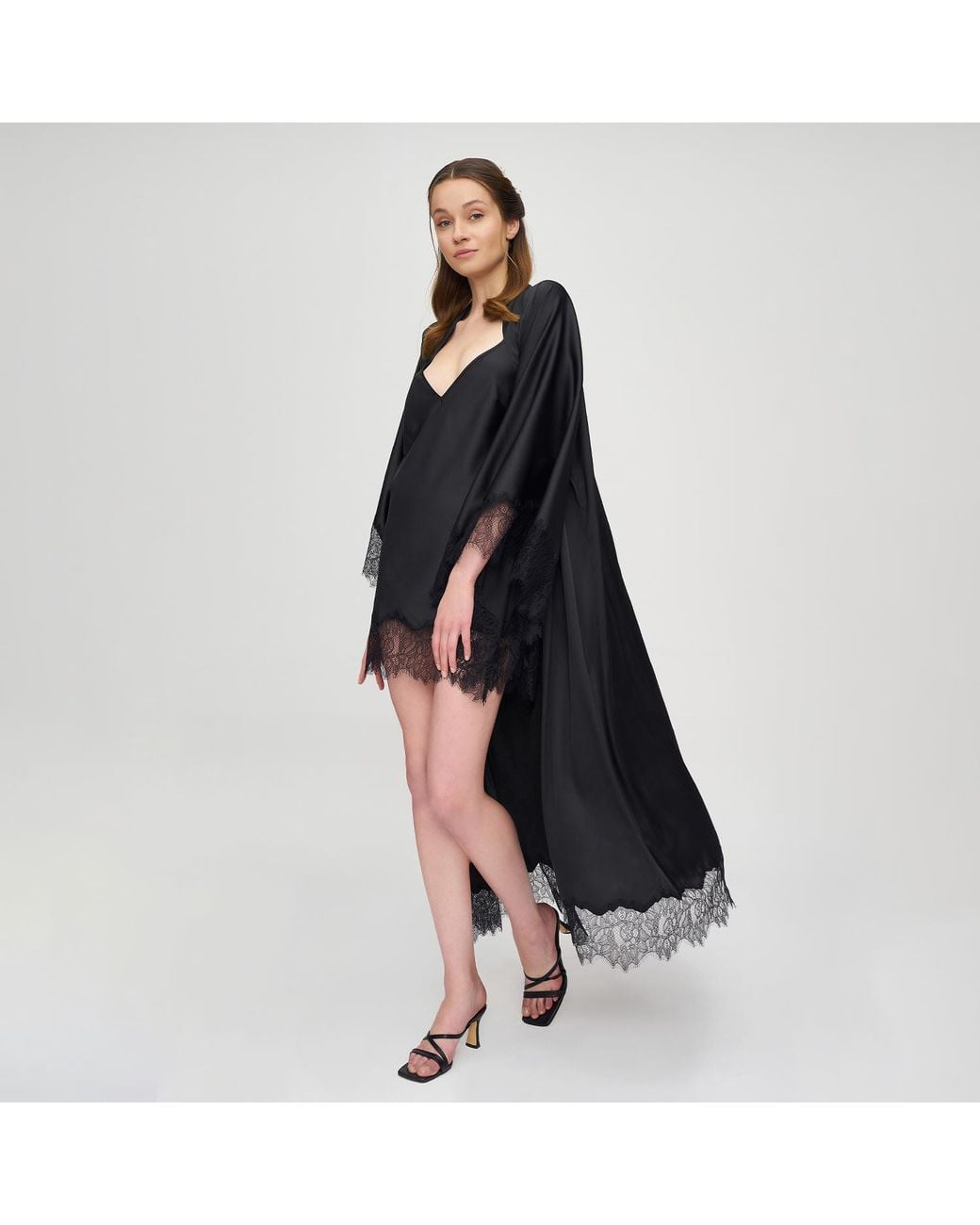 Avenue 8 Black Lace Maxi Silk Robe