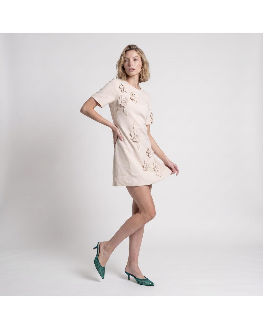 Modenaire Natural Neutrals Floral Applique Short Sleeve Mini Shift Dress