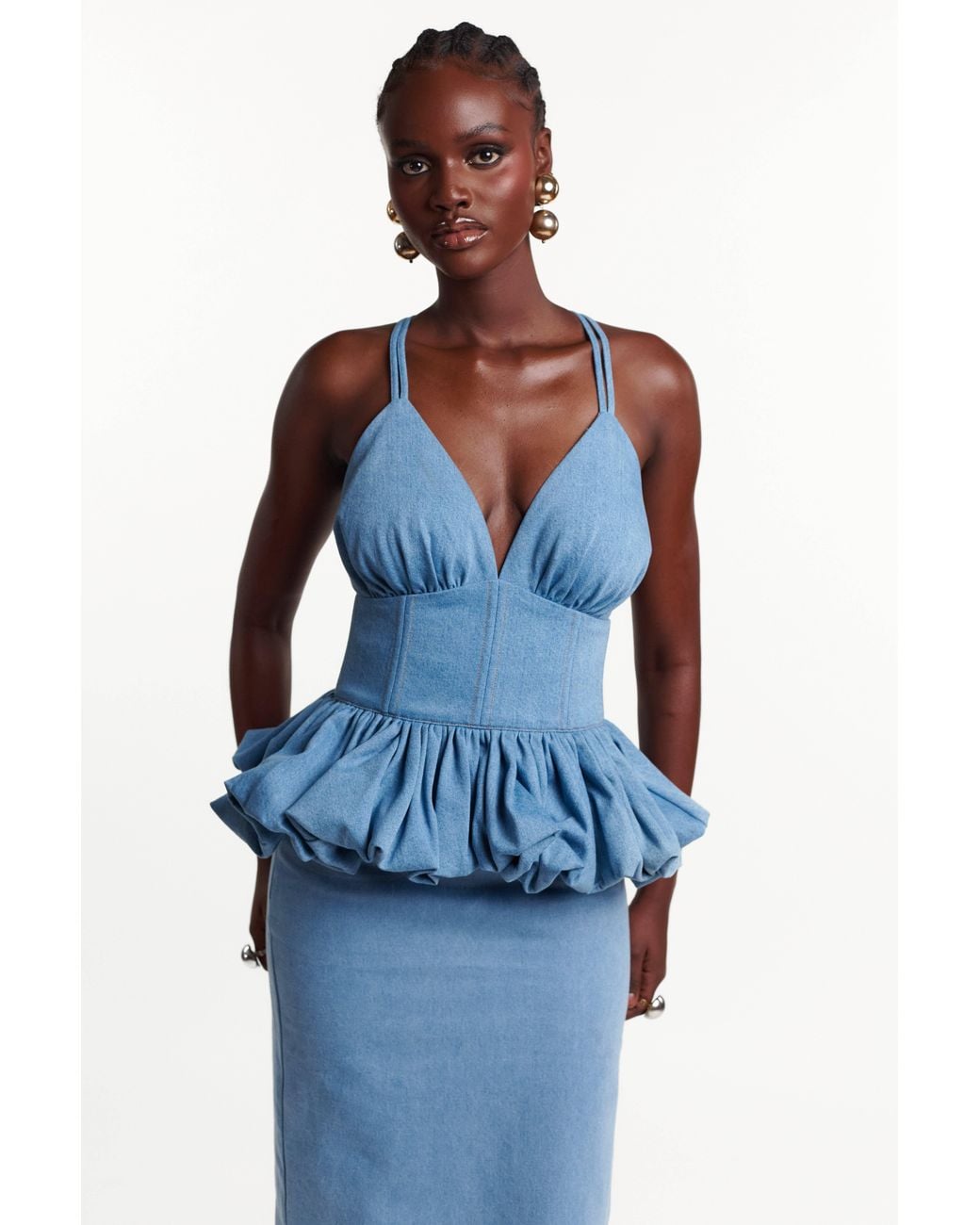 Ofuure Blue Light Denim Adele Peplum Top