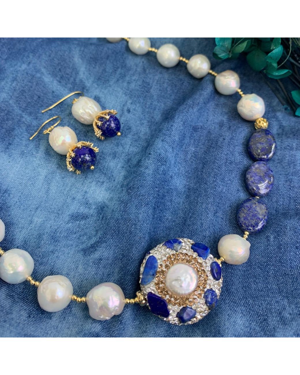 Farra Blue Irregular Pearls With Lapis Rhinestone Short Necklace