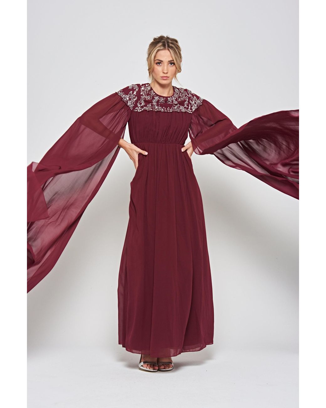 princess polly baby blue dress Knitted Round Neck Frill Maxi Dress Burgundy main image 0