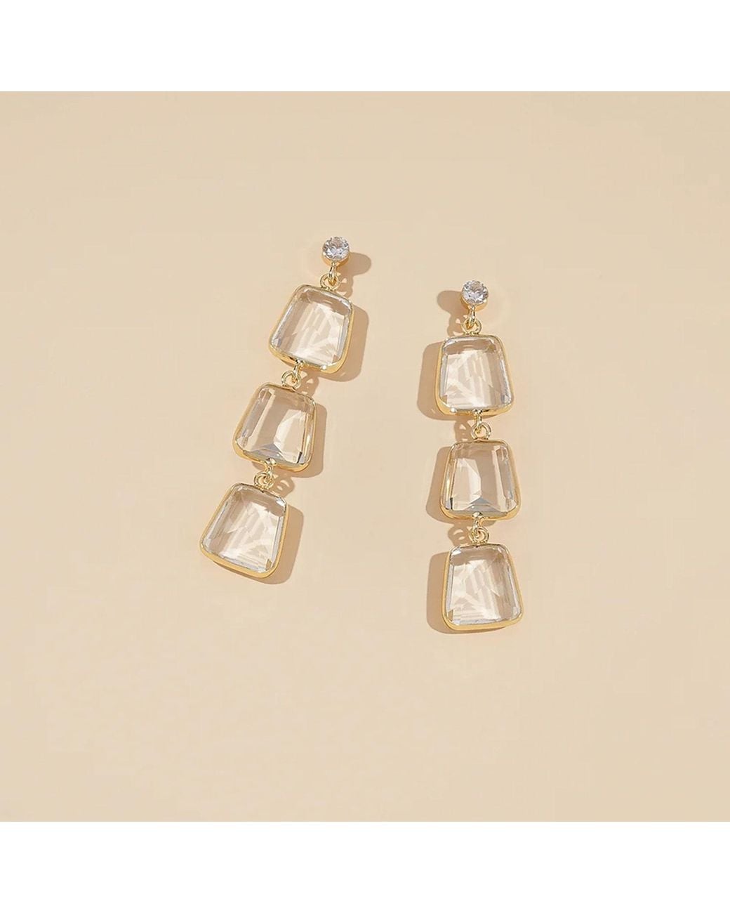 Rare Matters Jewelry Metallic Prism Ladder Clear Glass Triple Drop Earrings