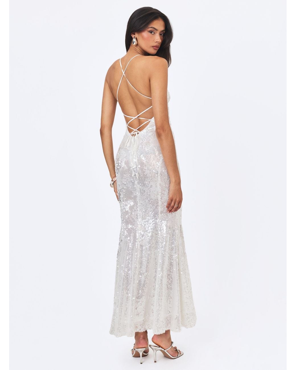 Miss Circle New York White Cameron Sequin Scoop Neck Mermaid Maxi Dress