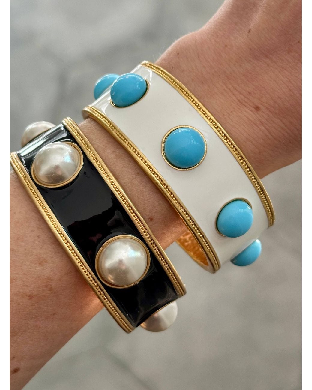 Laura Gray Black Enamel Faux Pearl Wide Bangle