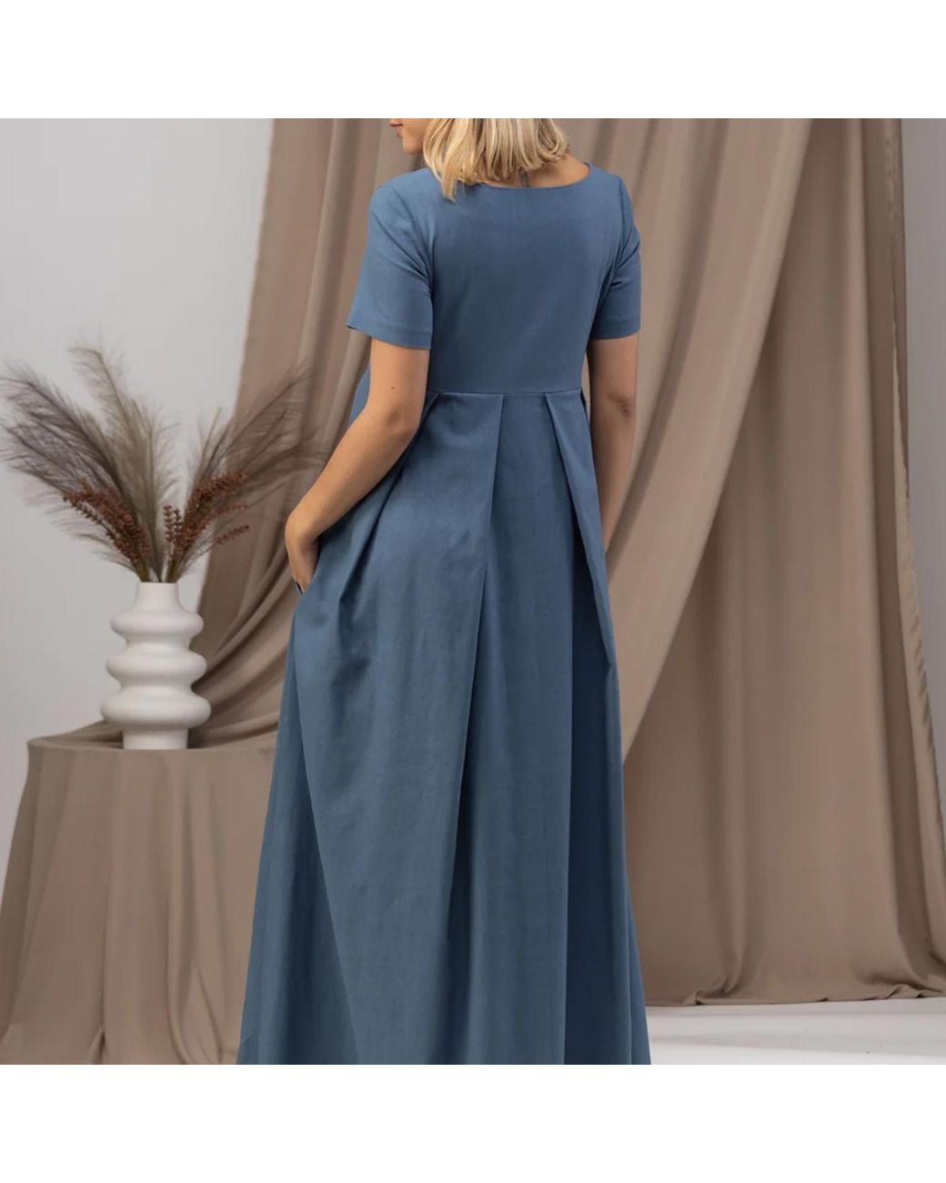 Nikka Place Blue Maxi Linen Maternity Dress With Short Sleeves And Empire Waist