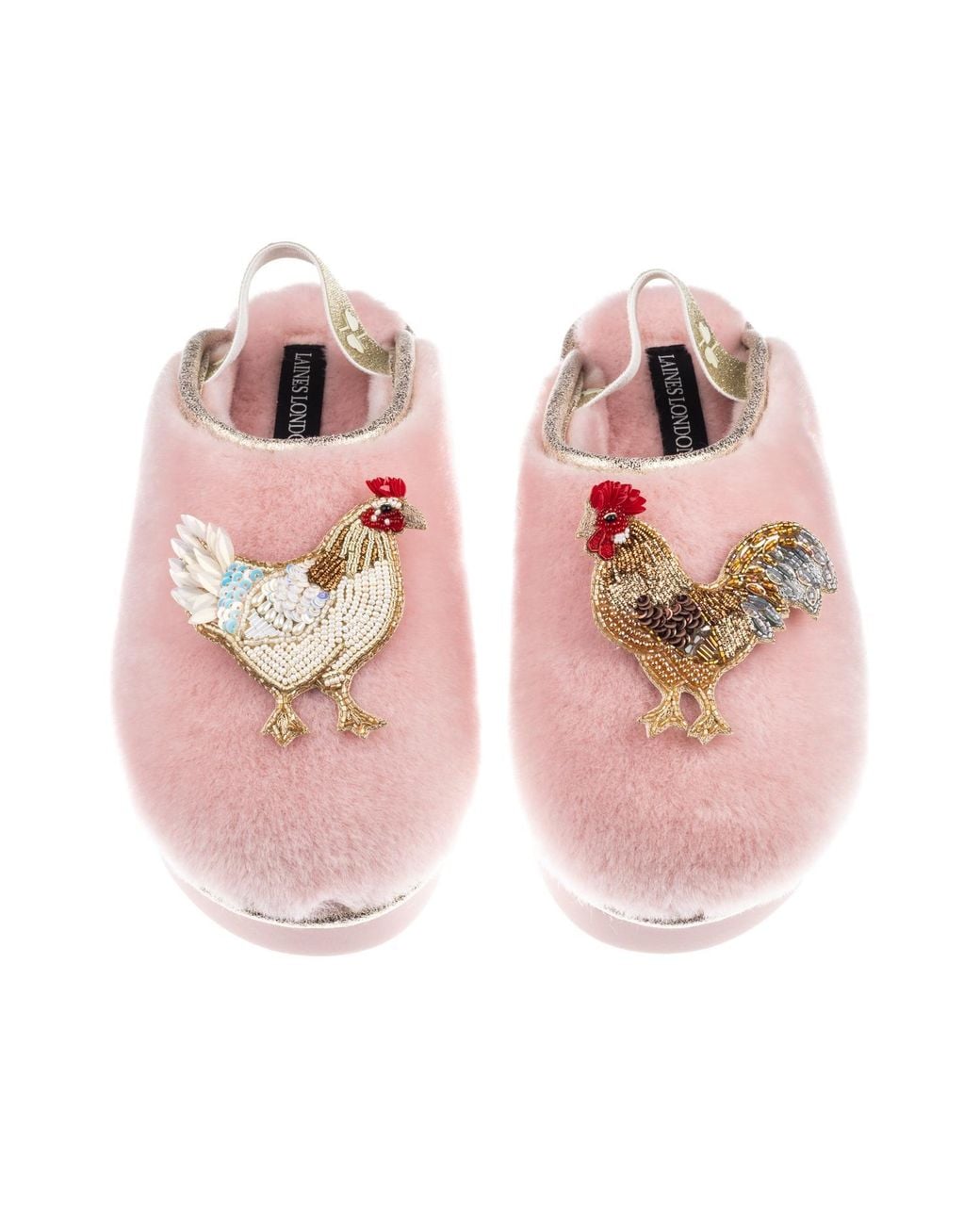Laines London Pink Flatform Cloud Closed Toe Slippers With Chicken & Rooster Brooches